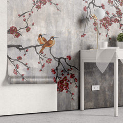 Tapet Zen Oriental cu pruni rosii chinezesti si pasari - CONCRETE RED PLUM TREE
