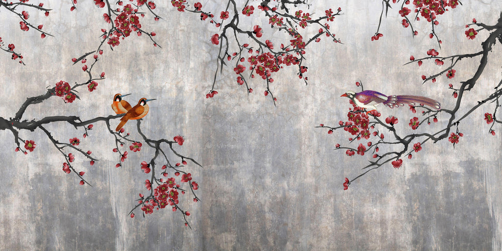 Tapet Zen Oriental cu pruni rosii chinezesti si pasari - CONCRETE RED PLUM TREE