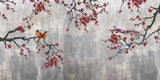 Tapet Zen Oriental cu pruni rosii chinezesti si pasari - CONCRETE RED PLUM TREE