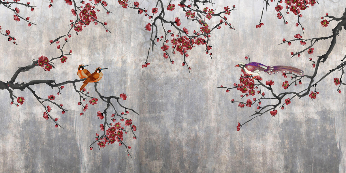 Tapet Zen Oriental cu pruni rosii chinezesti si pasari - CONCRETE RED PLUM TREE