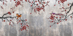 Tapet Zen Oriental cu pruni rosii chinezesti si pasari - CONCRETE RED PLUM TREE