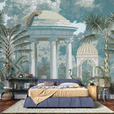 Tapet Zen Oriental cu cupole de piatra si pauni - BLUE ORIENTAL GARDEN