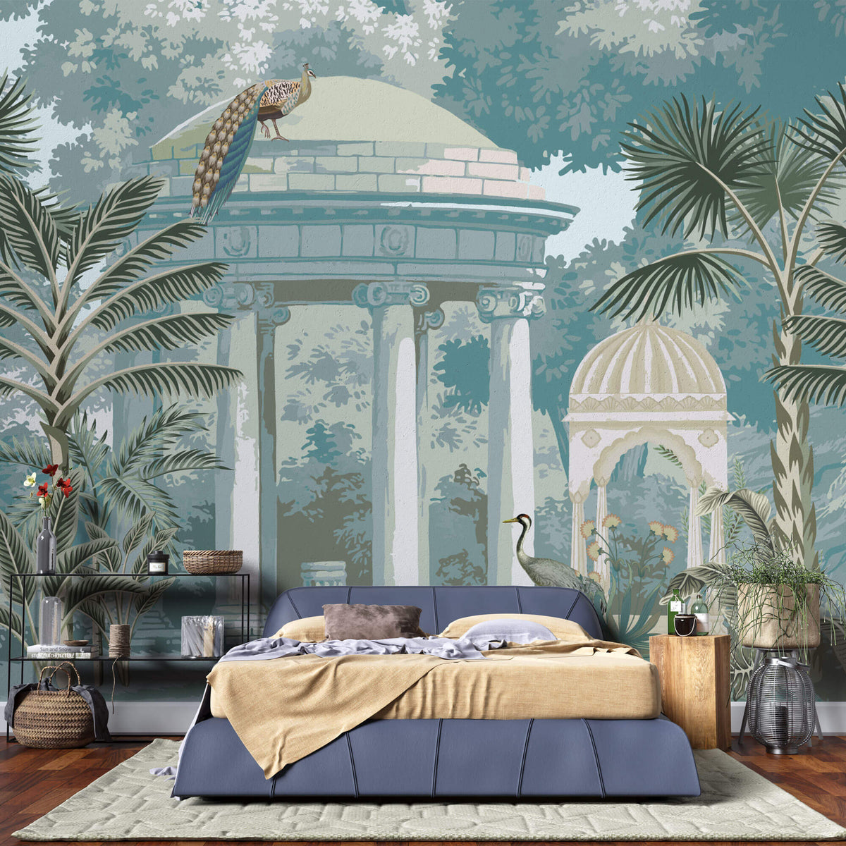 Tapet Zen Oriental cu cupole de piatra si pauni - BLUE ORIENTAL GARDEN