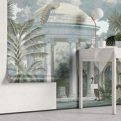 Tapet Zen Oriental cu cupole de piatra si pauni - BLUE ORIENTAL GARDEN