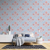 Tapet Zen Oriental cu model abstract floral in nuante de rosu si albastru - ARCOS CORAL