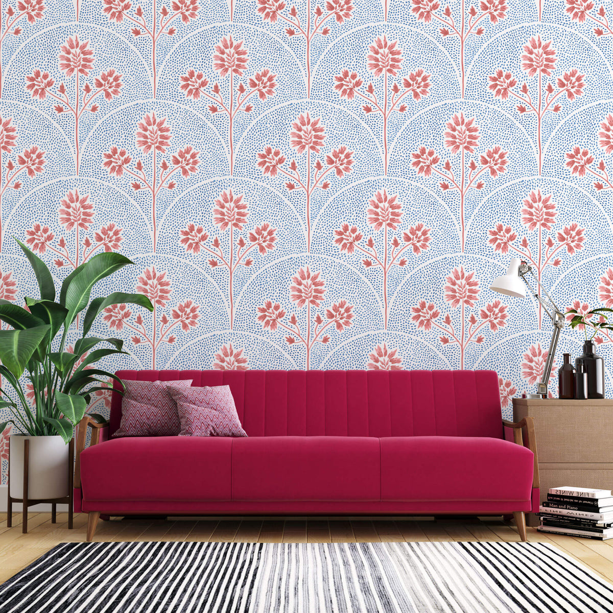Tapet Zen Oriental cu model abstract floral in nuante de rosu si albastru - ARCOS CORAL