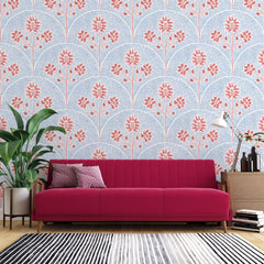 Tapet Zen Oriental cu model abstract floral in nuante de rosu si albastru - ARCOS CORAL