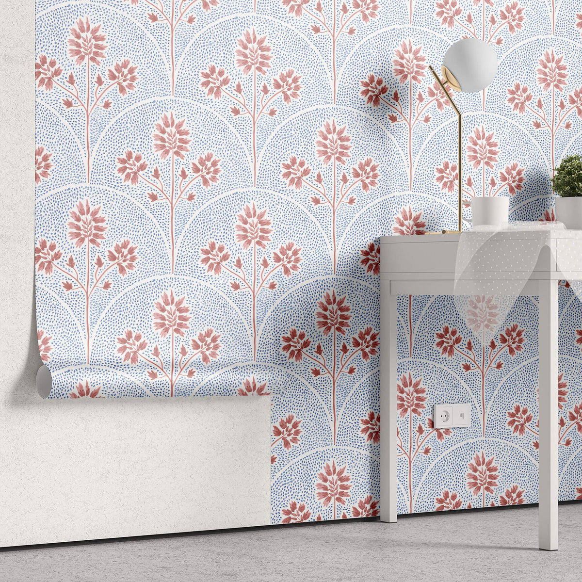 Tapet Zen Oriental cu model abstract floral in nuante de rosu si albastru - ARCOS CORAL