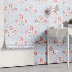 Tapet Zen Oriental cu model abstract floral in nuante de rosu si albastru - ARCOS CORAL