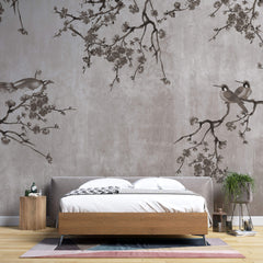 Tapet Zen Oriental cu pruni asiatici si pasari sepia - SEPIA PLUM TREE