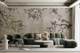 Tapet Zen Oriental cu pruni asiatici si pasari sepia - SEPIA PLUM TREE
