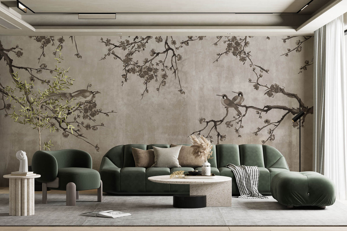 Tapet Zen Oriental cu pruni asiatici si pasari sepia - SEPIA PLUM TREE