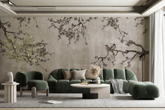 Tapet Zen Oriental cu pruni asiatici si pasari sepia - SEPIA PLUM TREE