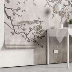 Tapet Zen Oriental cu pruni asiatici si pasari sepia - SEPIA PLUM TREE
