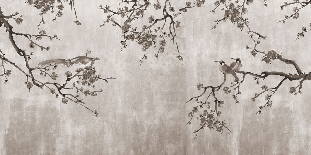Tapet Zen Oriental cu pruni asiatici si pasari sepia - SEPIA PLUM TREE