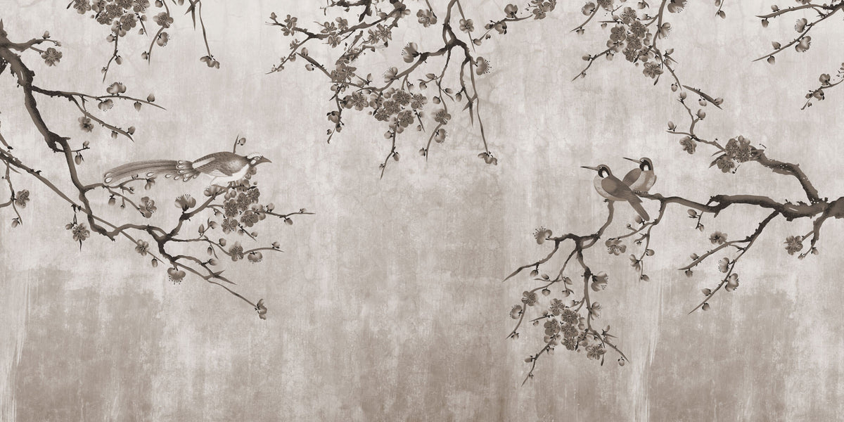 Tapet Zen Oriental cu pruni asiatici si pasari sepia - SEPIA PLUM TREE