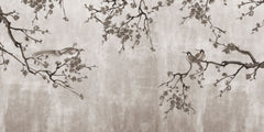 Tapet Zen Oriental cu pruni asiatici si pasari sepia - SEPIA PLUM TREE
