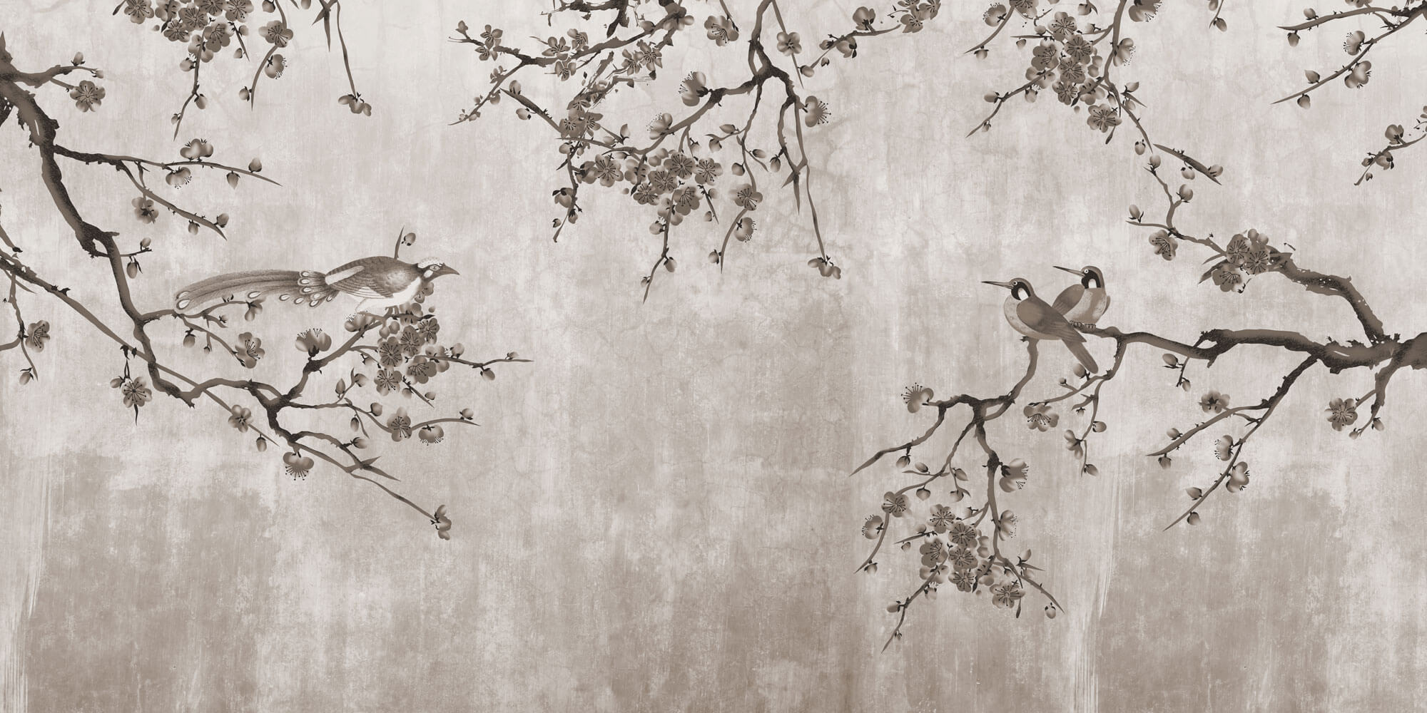 Tapet Zen Oriental cu pruni asiatici si pasari sepia - SEPIA PLUM TREE