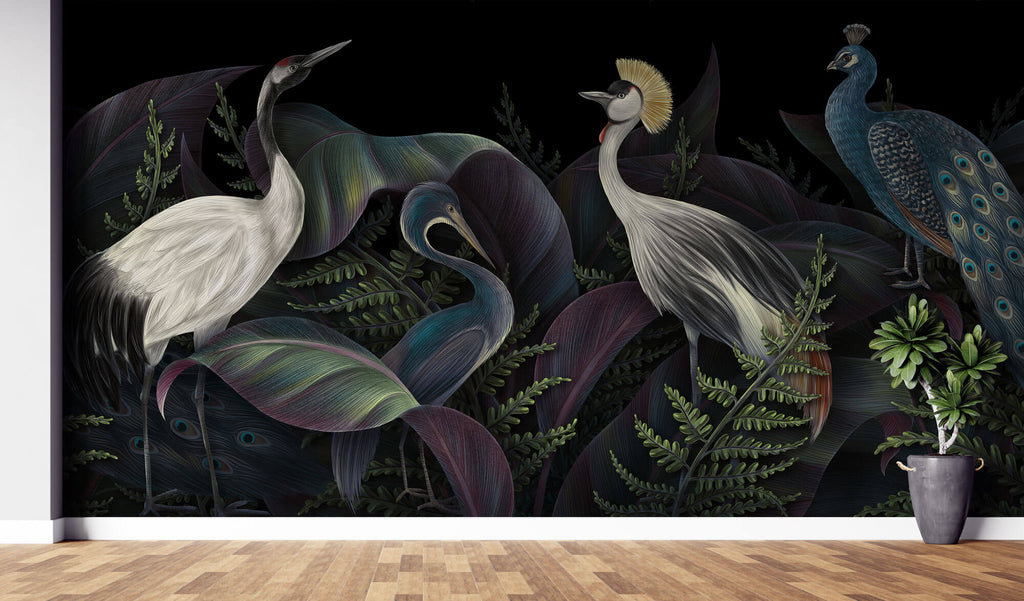Tapet Zen Oriental cu cocori pauni si vegetatie intunecata - ORIENTAL BIRDS NIGHT