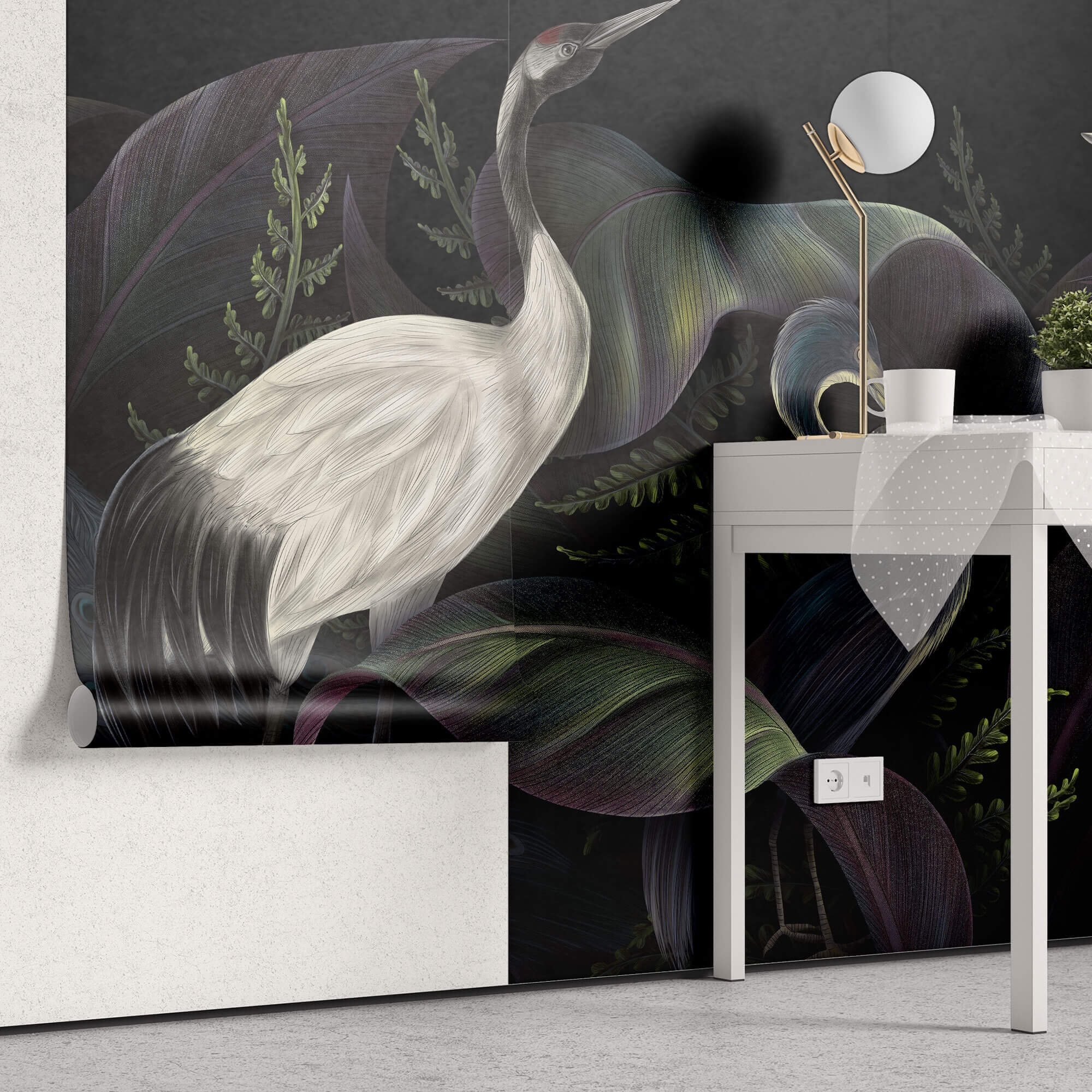 Tapet Zen Oriental cu cocori pauni si vegetatie intunecata - ORIENTAL BIRDS NIGHT