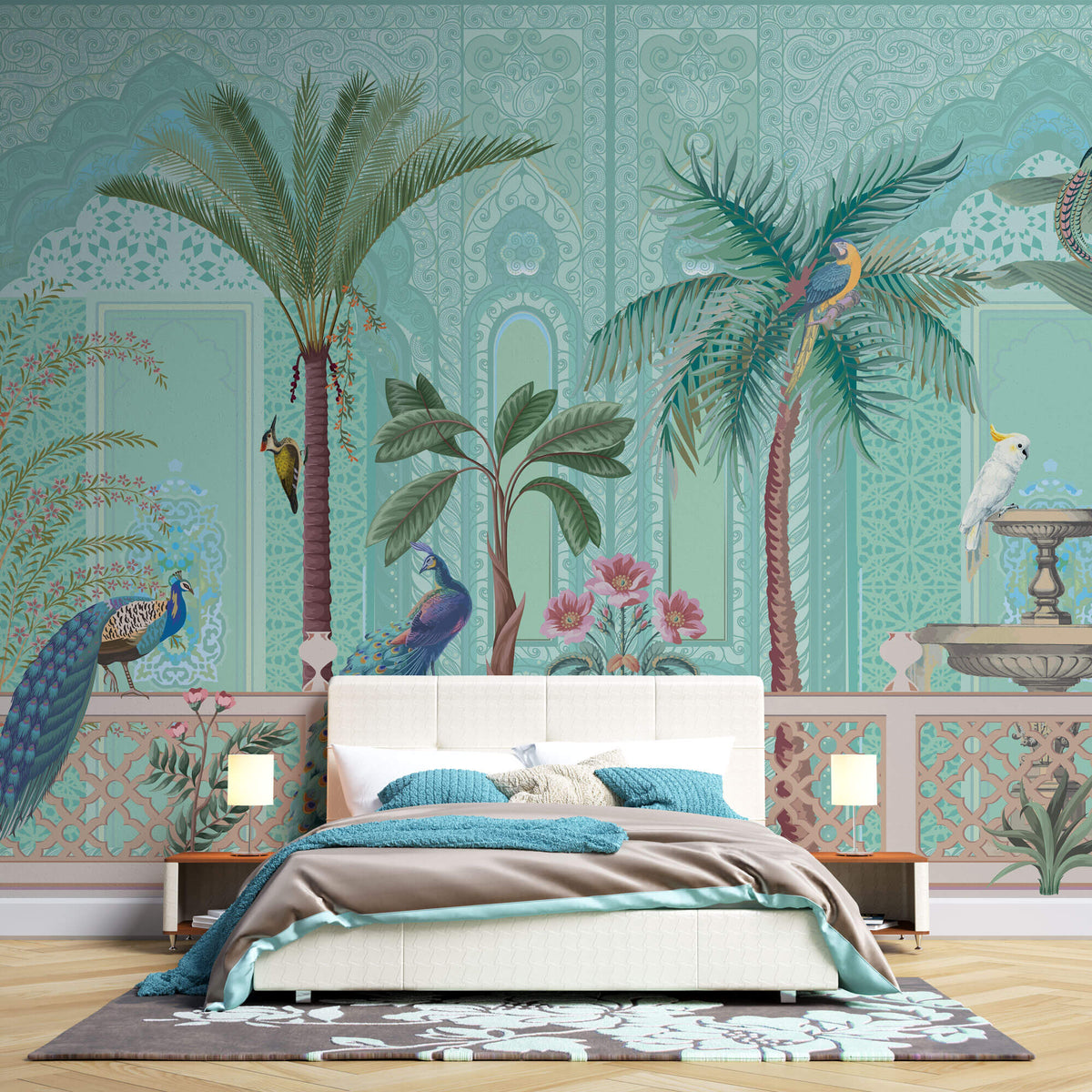Tapet Zen Oriental cu gradina asiatica pasari si perete mosaic - GREEN ORIENTAL VERANDA