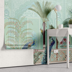 Tapet Zen Oriental cu gradina asiatica pasari si perete mosaic - GREEN ORIENTAL VERANDA