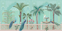 Tapet Zen Oriental cu gradina asiatica pasari si perete mosaic - GREEN ORIENTAL VERANDA