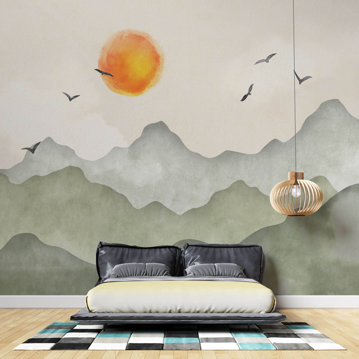 Tapet Zen Oriental cu munti verzi si apus - GREEN MOUNTAINS SUNSET