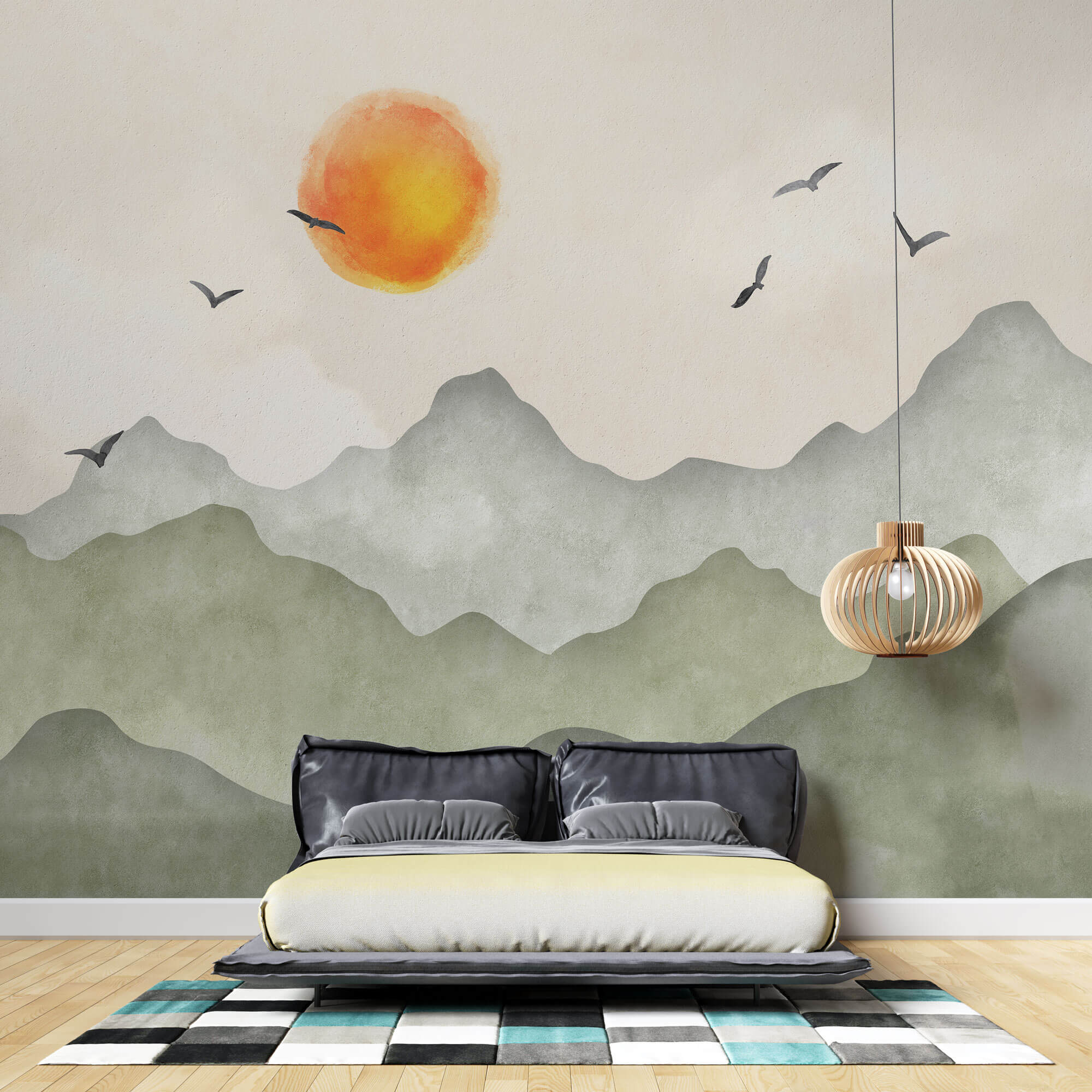 Tapet Zen Oriental cu munti verzi si apus - GREEN MOUNTAINS SUNSET