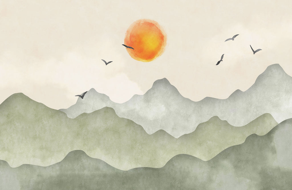 Tapet Zen Oriental cu munti verzi si apus - GREEN MOUNTAINS SUNSET