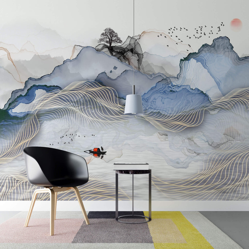 Tapet Zen Oriental cu peisaj abstract montan si elemente asiatice - WAVY LANDSCAPE