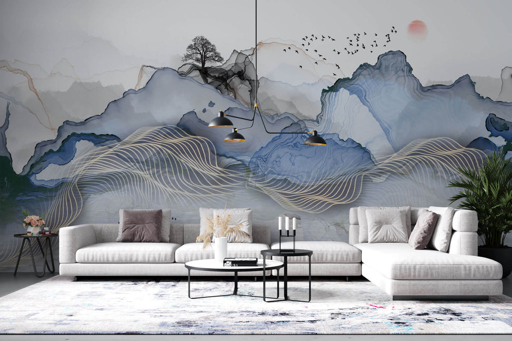Tapet Zen Oriental cu peisaj abstract montan si elemente asiatice - WAVY LANDSCAPE