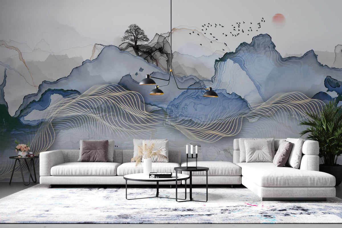 Tapet Zen Oriental cu peisaj abstract montan si elemente asiatice - WAVY LANDSCAPE