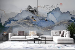 Tapet Zen Oriental cu peisaj abstract montan si elemente asiatice - WAVY LANDSCAPE