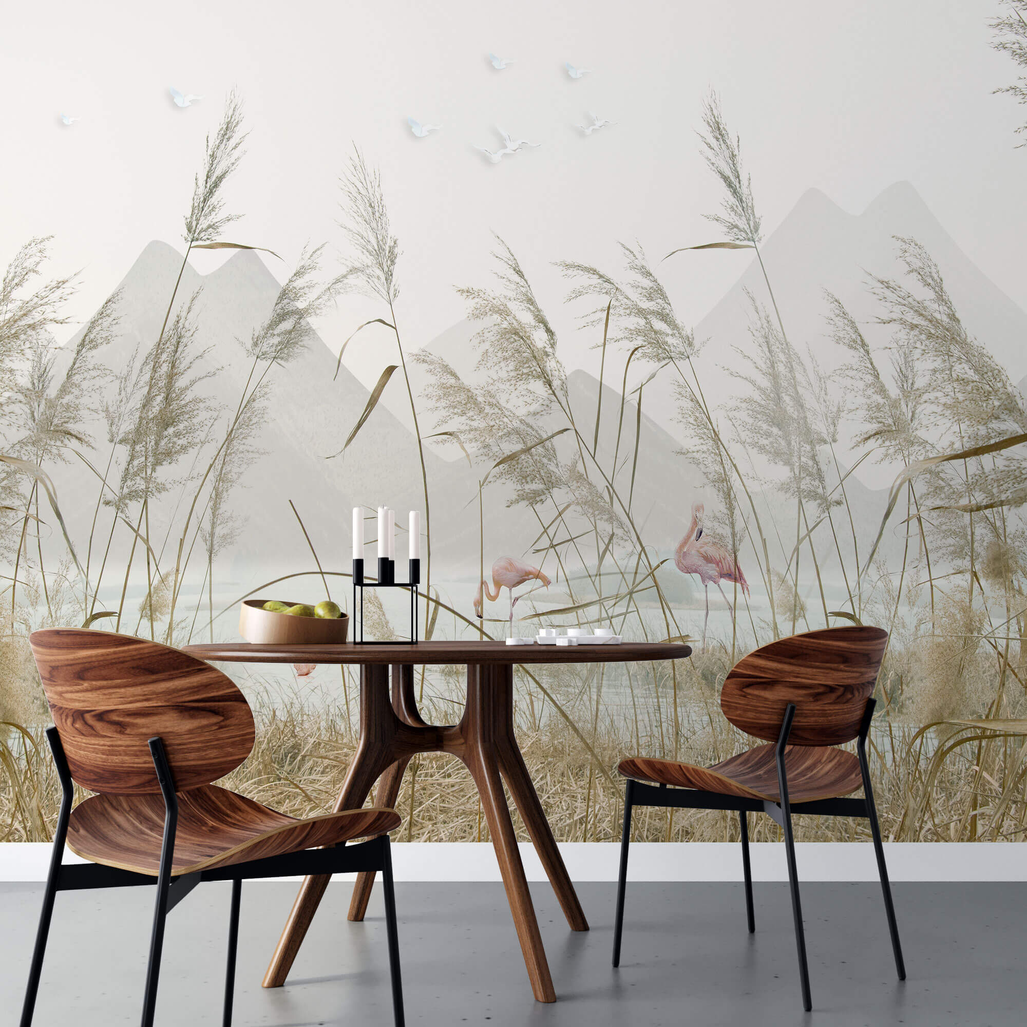 Tapet Zen Oriental cu peisaj montan cu flamingo si vegetatie - SEA GRASS FLAMINGO