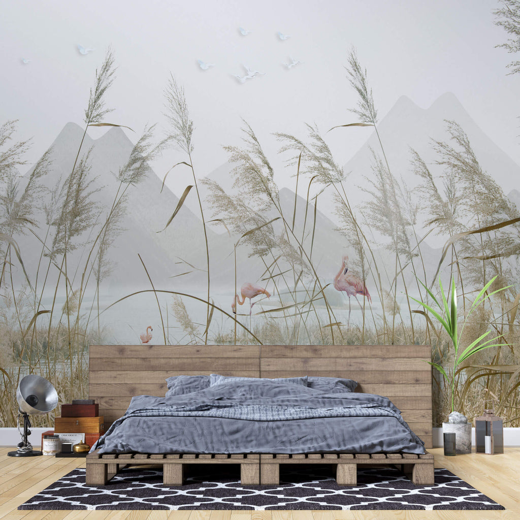 Tapet Zen Oriental cu peisaj montan cu flamingo si vegetatie - SEA GRASS FLAMINGO