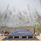 Tapet Zen Oriental cu peisaj montan cu flamingo si vegetatie - SEA GRASS FLAMINGO