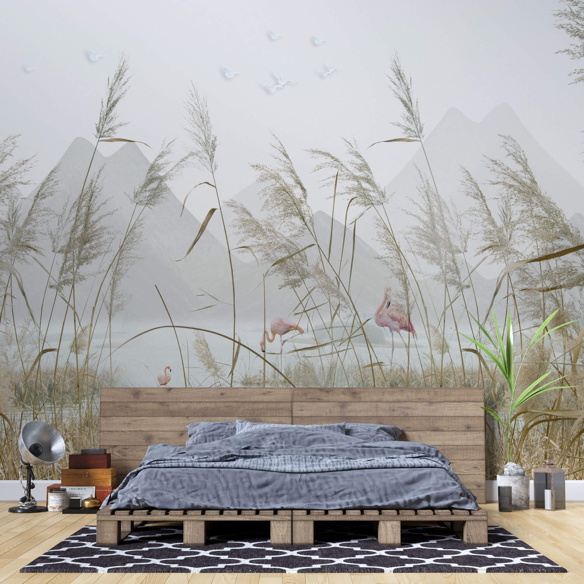 Tapet Zen Oriental cu peisaj montan cu flamingo si vegetatie - SEA GRASS FLAMINGO