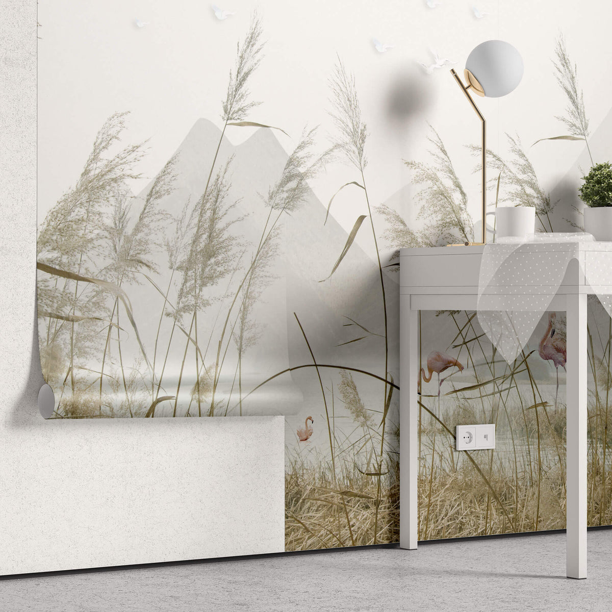 Tapet Zen Oriental cu peisaj montan cu flamingo si vegetatie - SEA GRASS FLAMINGO
