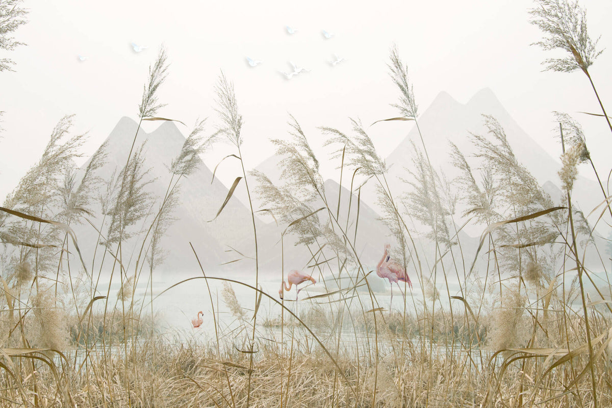 Tapet Zen Oriental cu peisaj montan cu flamingo si vegetatie - SEA GRASS FLAMINGO