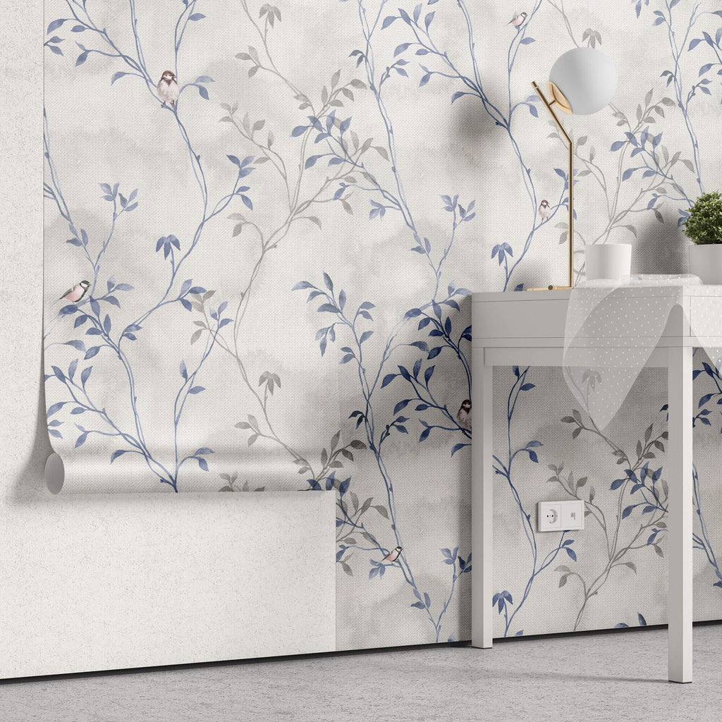 Tapet Zen Oriental cu frunze albastre si gri si pasari pe un fundal texturat - BLUE PRINTED PORCELAIN