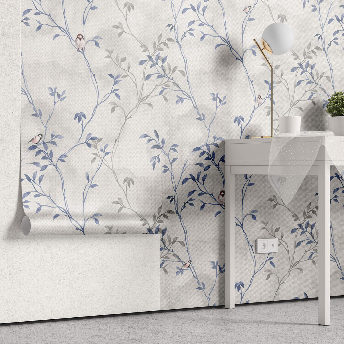 Tapet Zen Oriental cu frunze albastre si gri si pasari pe un fundal texturat - BLUE PRINTED PORCELAIN