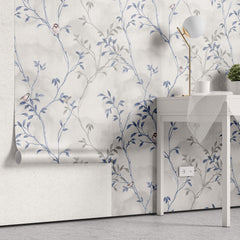 Tapet Zen Oriental cu frunze albastre si gri si pasari pe un fundal texturat - BLUE PRINTED PORCELAIN