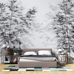 Tapet Zen Oriental cu bambusi negri inalti - BLACK INK BAMBOO