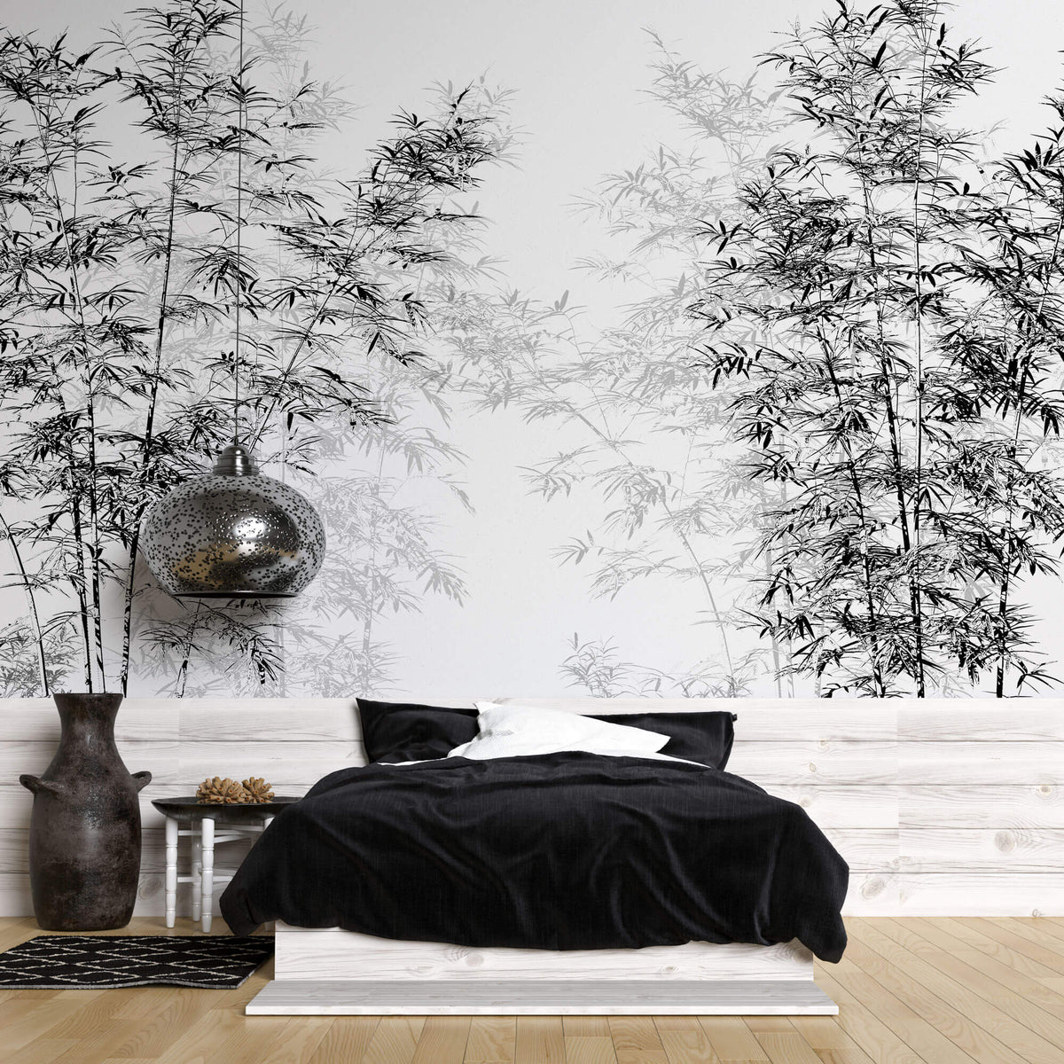 Tapet Zen Oriental cu bambusi negri inalti - BLACK INK BAMBOO