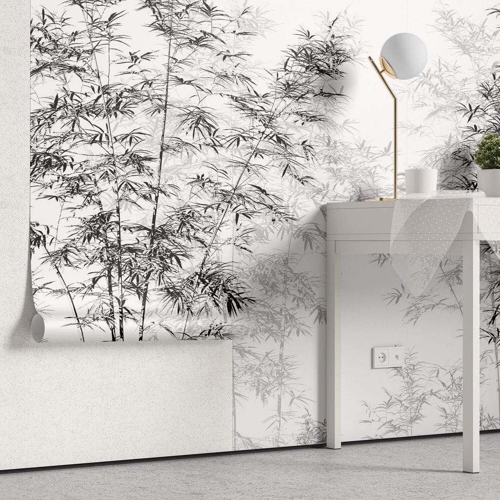 Tapet Zen Oriental cu bambusi negri inalti - BLACK INK BAMBOO