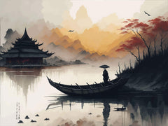 Tapet Zen Oriental cu casa traditionala asiatica si apus de soare peste munti - ANCIENT REFLECTIONS