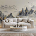 Tapet Zen Oriental cu munti acoperiti de vegetatie tomnatica - MISTY MOUNTAIN SERENITY