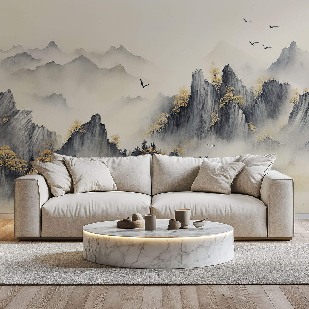 Tapet Zen Oriental cu munti acoperiti de vegetatie tomnatica - MISTY MOUNTAIN SERENITY