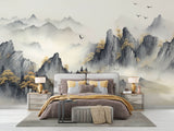 Tapet Zen Oriental cu munti acoperiti de vegetatie tomnatica - MISTY MOUNTAIN SERENITY